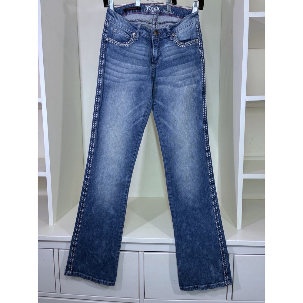 Rock 47 by Wrangler Womens Low Rise Bootcut Jeans Medium Wash Embellished 28x32